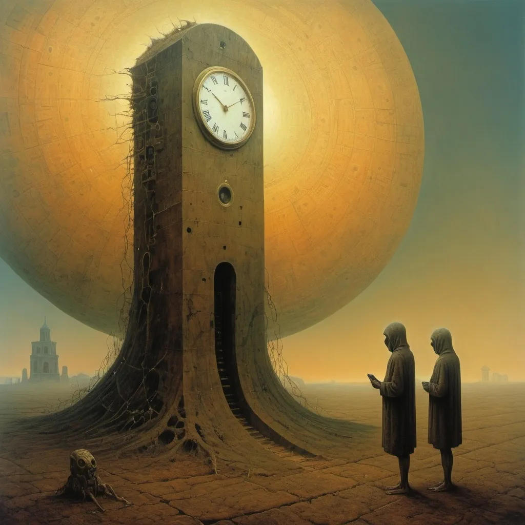 Prompt: Generate asymmetric umbria image. Zdzisław Beksiński - a vacuum creature feeding the human body. A huge telephone in the sky, a hideous figure. Figure made of geometric shapes.. Clock, phone. umbria.