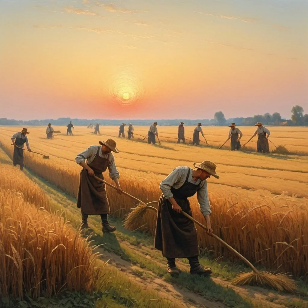 Prompt: Generate an image of the famous painting by Józef Chełmoński, people who mow rye, mow with scythes. The huge field and warm colors show the approaching sunset
