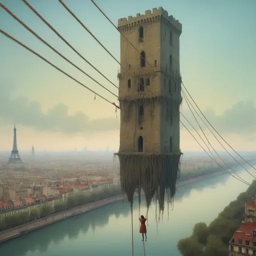 Prompt: Generate an image of a girl balancing on a rope over the river between two towers - the tower in Paris and the tower in New York. Beksiński style