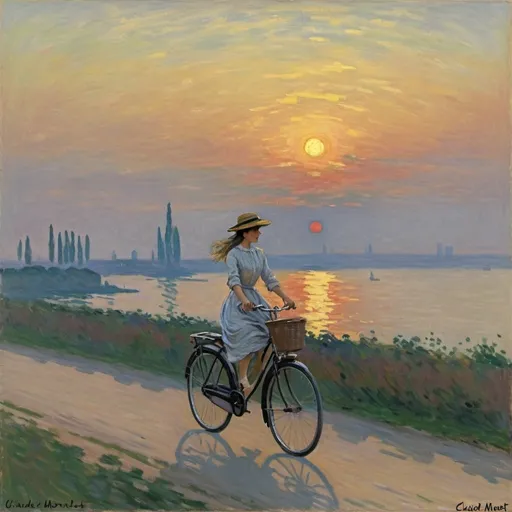 Prompt: Generate image Claude Monet Impressionism girl riding a bicycle towards the horizon after sunset