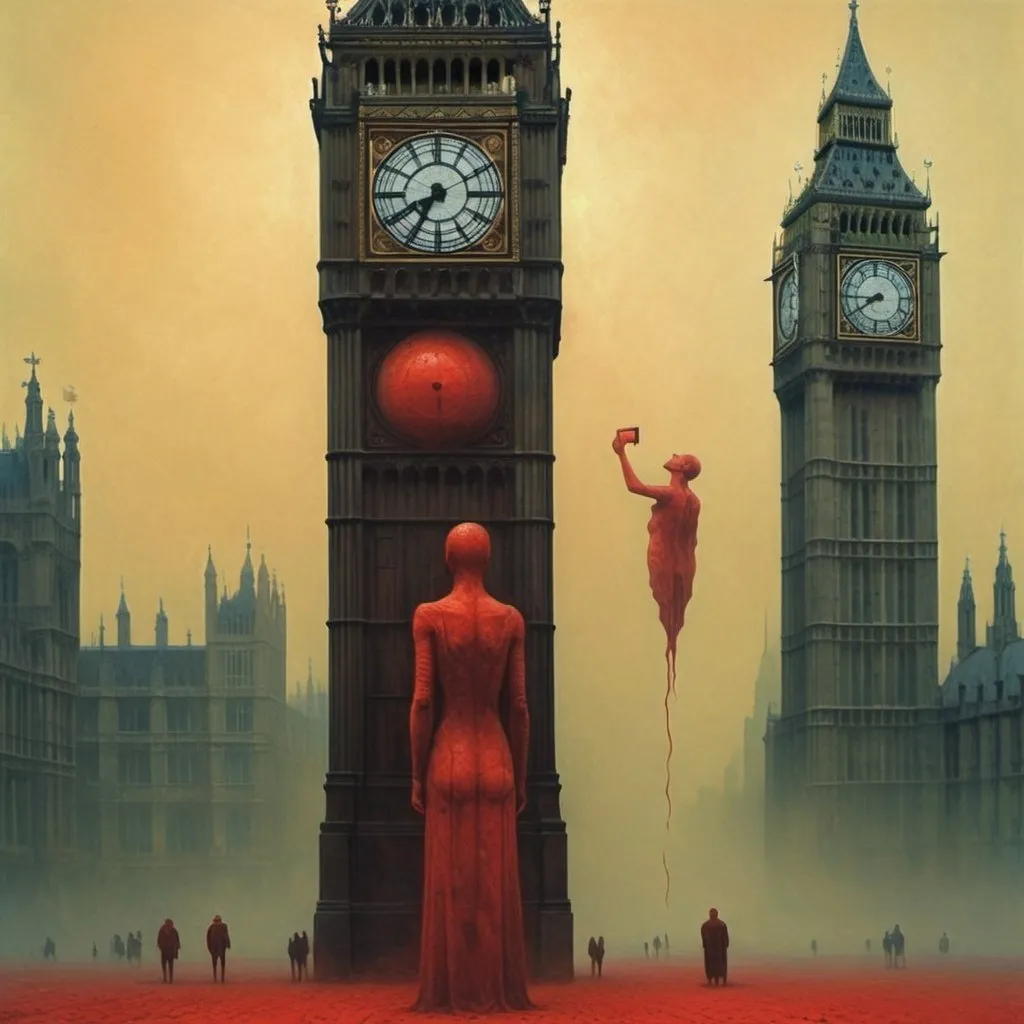 Prompt: Generate an asymmetric image of sanguine. Zdzisław Beksiński – a vacuum women feeding the human body. Apply the big ben London  A huge telephone in the sky, the creature is holding this telephone in his hand. A figure made of geometric shapes. telephone. 