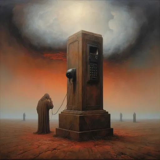 Prompt: generate Zdzisław Beksiński's style. Oil painting. A very large Telephone comes out of the sky. Clouds very scary, ominous. Use umbria and sanguine. The painting shows a painting of two mysterious blurred figures. Both figures are sitting on the ground, and one is stretching out his hands to the other. The background is painted in earthy colors that contrast with the pale color of one of the figures