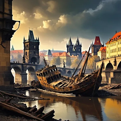 Prompt: Generate a painting in the style of Rembrandt. wrecked shipwreck under the Charles Bridge in Prague, in the background you can see the monuments of the city of Prague