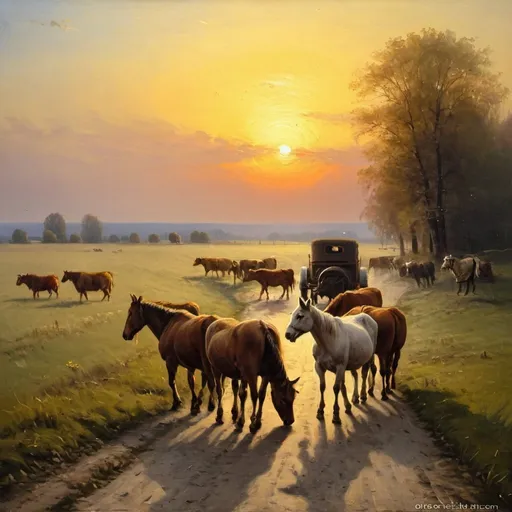 Prompt: create a painting by Józef Chełmoński, a master of capturing the beauty of nature in oil on canvas, animals returning from the pasture, sunset is approaching...”