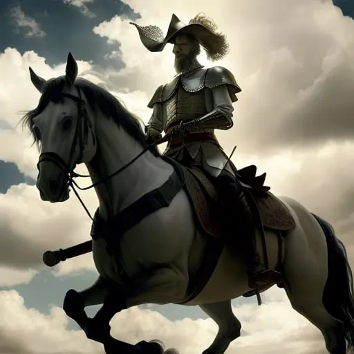 Prompt: Craft an image of Don Quixote astride his noble steed, tilting at windmills against a dramatic sky