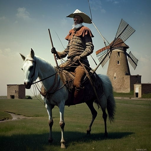 Prompt: Styles Beksiński surearilizme Create a scenario in which Don Quixote is riding his skinny horse around the countryside . In the background you can see the ruins of windmills, defeated windmills