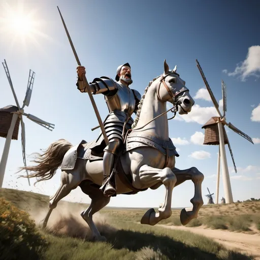 Prompt: styles LUDVIG JACOBSEN  Render a dynamic depiction of Don Quixote charging into battle against the with windmills, his armor gleaming in the sunlight.