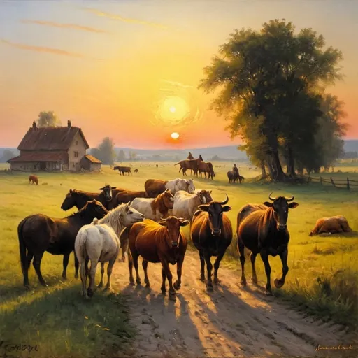 Prompt: create a painting by Józef Chełmoński, a master of capturing the beauty of nature in oil on canvas, animals returning from the pasture, sunset is approaching...”