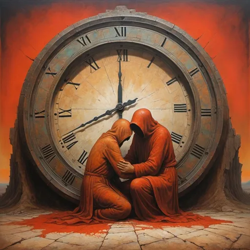 Prompt: generate Zdzisław Beksiński's style. Use umbria and sanguine. The painting shows a painting of two mysterious figures embracing. Both figures are sitting on the ground, and one of the men is hugging the other. The background is painted in warm, earthy colors that contrast with the pale color. The positioning and interaction of characters gives a sense of emotion. The painting style is detailed, with attention to the texture and structure of the person. Both characters meditate on a large clock, a damaged clock, the clock emerges from the ground.