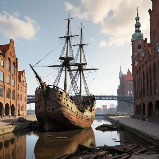 Prompt: Generate a painting in the style of Rembrandt. wrecked wreck of a sailing ship under the Gdańsk Bridge, in the background you can see the monuments of the city of Gdańsk.