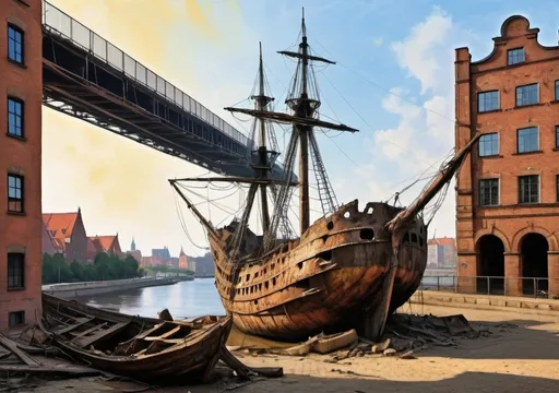 Prompt: Generate a painting in the style of Rembrandt. wrecked wreck of a sailing ship under the Gdańsk Bridge, in the background you can see the monuments of the city of Gdańsk.