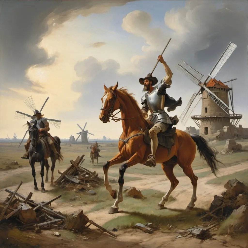 Prompt: styles LUDVIG JACOBSEN Create an impressionistic scene depicting the fight of the gaunt, gaunt Don Quixote and his skinny horse with windmills on a windswept plain with the ruins of the defeated windmills in the background