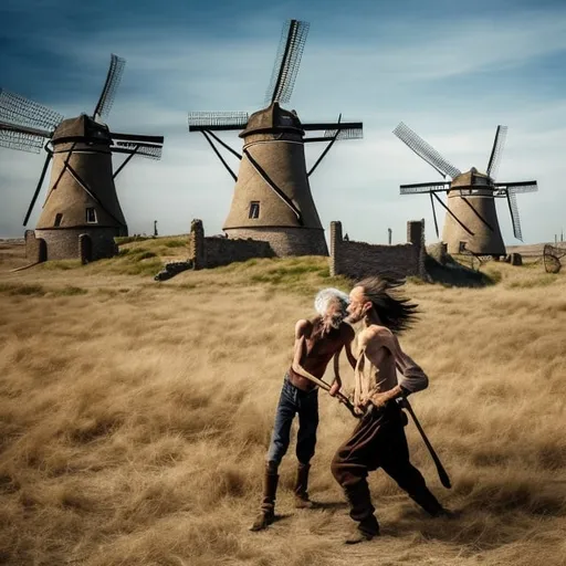 Prompt: Create a scene depicting the scrawny, haggard Don Quixote and his skinny horse fighting against windmills on a windswept plain with the ruins of the defeated windmills in the background.