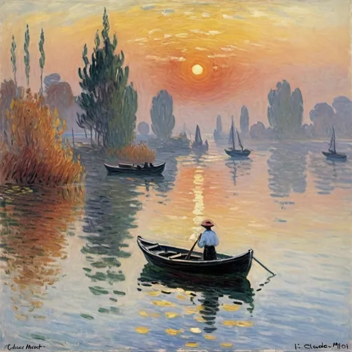 Prompt: style Claude Monet impression sunrise small boat in the bay it is autumn