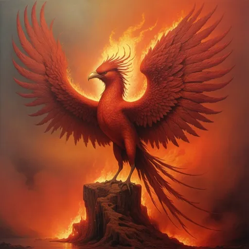 Prompt: Create, in the style of Zdzisław Beksiński, a phoenix, a scarlet bird whose wings burn with living fire. Its tail and beak are made of gold and its claws are mythological in style and have great magical power. Below it are small human-shaped figures. Use umbria and sanguine colors