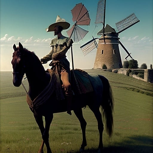 Prompt: Styles Beksiński surearilizme Create a scenario in which Don Quixote is riding his skinny horse around the countryside . In the background you can see the ruins of windmills, defeated windmills