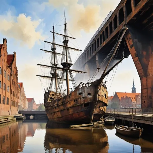 Prompt: Generate a painting in the style of Rembrandt. wrecked wreck of a sailing ship under the Gdańsk Bridge, in the background you can see the monuments of the city of Gdańsk.