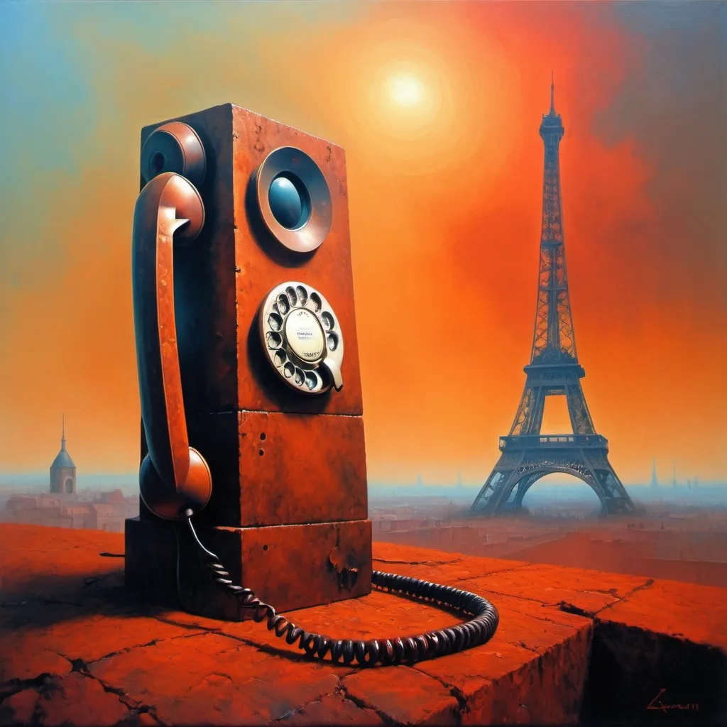 Prompt: Generate an asymmetric image. Oil painting. The style of the painter Zdzisław Beksiński A huge landline telephone, broken, rusty in the sky, a blurred figure. A hideous figure. Figure made of geometric shapes. sanguine, umbria. Paris Eiffel Tower