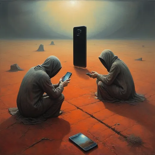 Prompt: generate Zdzisław Beksiński's style. Oil painting. The phone comes out of the ground. Use umbria and sanguine. The painting shows a painting of two mysterious blurred figures. Both figures are sitting on the ground, and one is stretching out his hands to the other. The background is painted in warm, earthy colors that contrast with the pale color of one of the characters. The positioning and interaction of the women gives a sense of emotion. The painting style is light and shadow. Mysterious and blurry figures, irregular shapes, solids. Both characters are thinking about a large broken phone, the phone is very big. The phone comes out of the ground.