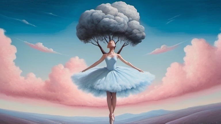 Prompt: Generate . Asymmetric image. Use asymmetry. The painting shows a mysterious person standing on the edge of a floating clump of earth. The woman is in a ballerina costume. The woman is very visible, she looks in sharp focus towards a lonely tree. The tree is very visible, high sharpness and contrast. skies. The scene is ethereal with floating clumps of earth against a cloudy sky. The woman is in a ballerina costume. T The sky is painted in shades of blue, white and pink, giving it an unreal appearance. Apply umbria and sanguine. The clouds are fluffy. The image of surrealism is visible when tufts, lumps of earth float among the clouds. The lumps of earth without any support have no connection with the earth.