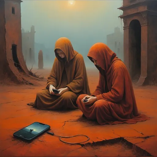 Prompt: generate Zdzisław Beksiński's style. Oil painting. The phone comes out of the ground. Use umbria and sanguine. The painting shows a painting of two mysterious blurred figures. Both figures are sitting on the ground, and one is stretching out his hands to the other. The background is painted in warm, earthy colors that contrast with the pale color of one of the characters. The positioning and interaction of the women gives a sense of emotion. The painting style is light and shadow. Mysterious and blurry figures, irregular shapes, solids. Both characters are thinking about a large broken phone, the phone is very big. The phone comes out of the ground.