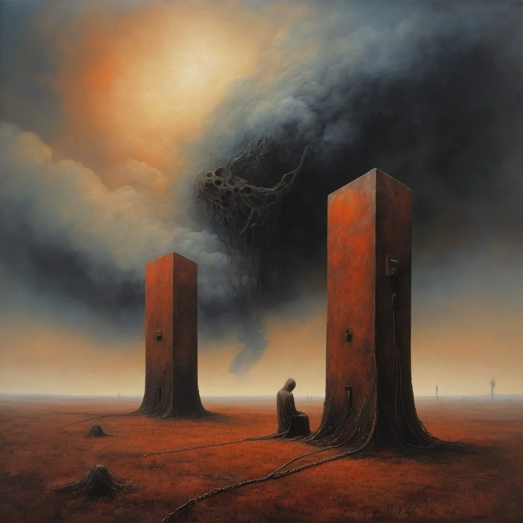 Prompt: generate Zdzisław Beksiński's style. Oil painting. A very large Telephone comes out of the sky. Clouds very scary, ominous. Use umbria and sanguine. The painting shows a painting of two mysterious blurred figures. Both figures are sitting on the ground, and one is stretching out his hands to the other. The background is painted in earthy colors that contrast with the pale color of one of the figures