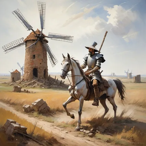 Prompt: Create an impressionistic scene depicting the fight of the gaunt, gaunt Don Quixote and his skinny horse with windmills on a windswept plain with the ruins of the defeated windmills in the background