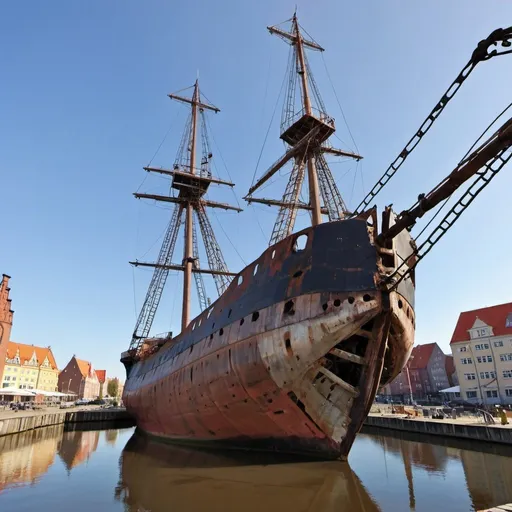 Prompt: Generate an image The wreck of a sailing ship under the historic crane in Gdańsk