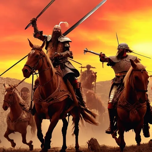 Prompt: Create an image of Don Quixote and the Vithracians locked in fierce combat beneath a blood-red sky.