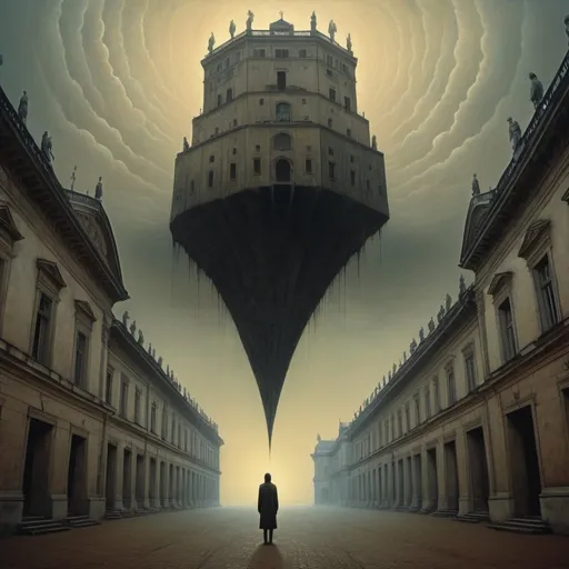 Prompt: Asymmetric, surreal depiction of Umbria, Zdzisław Beksiński-inspired mysterious creature feeding on human body, massive telephone hovering in the sky, terrifying geometric figure, royal palace in Warsaw, high-res, surrealism, abstract, dark tones, eerie lighting, detailed textures, haunting atmosphere, urban fantasy, dreamlike, sinister presence, unsettling, mysterious, otherworldly, distorted perspective