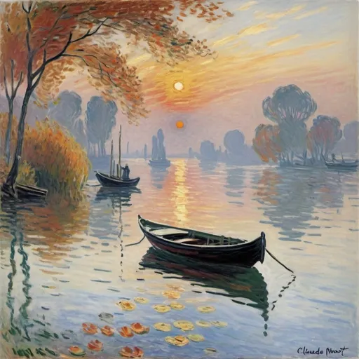 Prompt: style Claude Monet impression sunrise small boat in the bay it is autumn