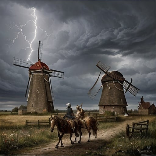 Prompt: Generate an image in style based on the painting LUDVIG JACOBSEN - a skinny, ragged Don Quixote and his skinny horse are fighting a windmill - there is a storm and lightning in the background