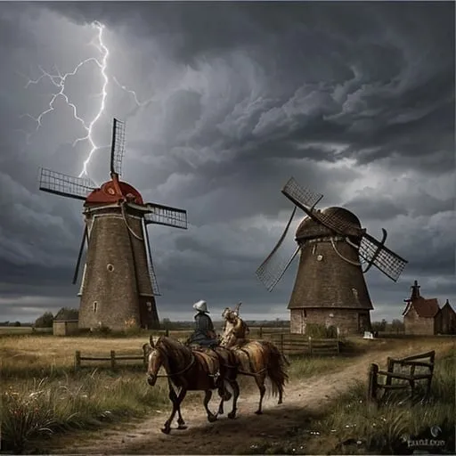 Prompt: Generate an image in style based on the painting LUDVIG JACOBSEN - a skinny, ragged Don Quixote and his skinny horse are fighting a windmill - there is a storm and lightning in the background