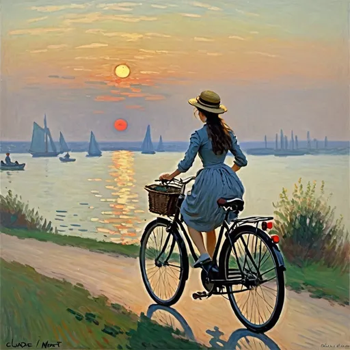 Prompt: Generate image Claude Monet Impressionism girl riding a bicycle towards the horizon after sunset