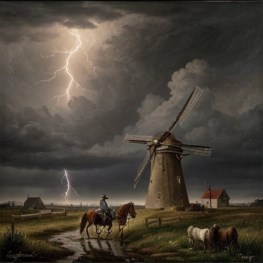 Prompt: Generate an image in style based on the painting LUDVIG JACOBSEN - a skinny, ragged Don Quixote and his skinny horse are fighting a windmill - there is a storm and lightning in the background