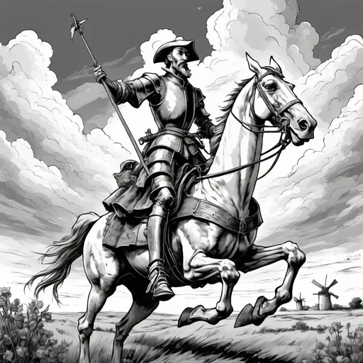 Prompt: Craft an image of Don Quixote astride his noble steed, tilting at windmills against a dramatic sky