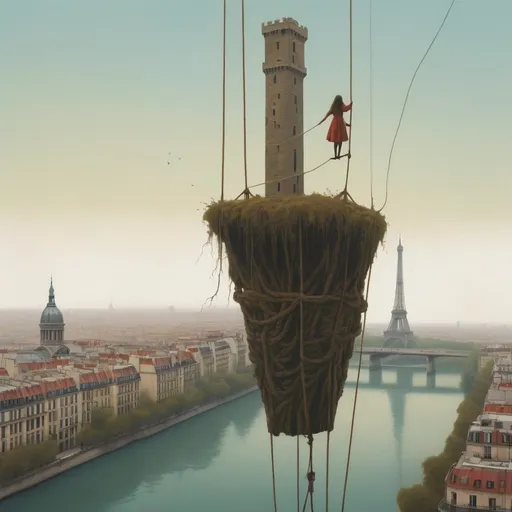 Prompt: Generate an image of a girl balancing on a rope over the river between two towers - the tower in Paris and the tower in New York. Beksiński style