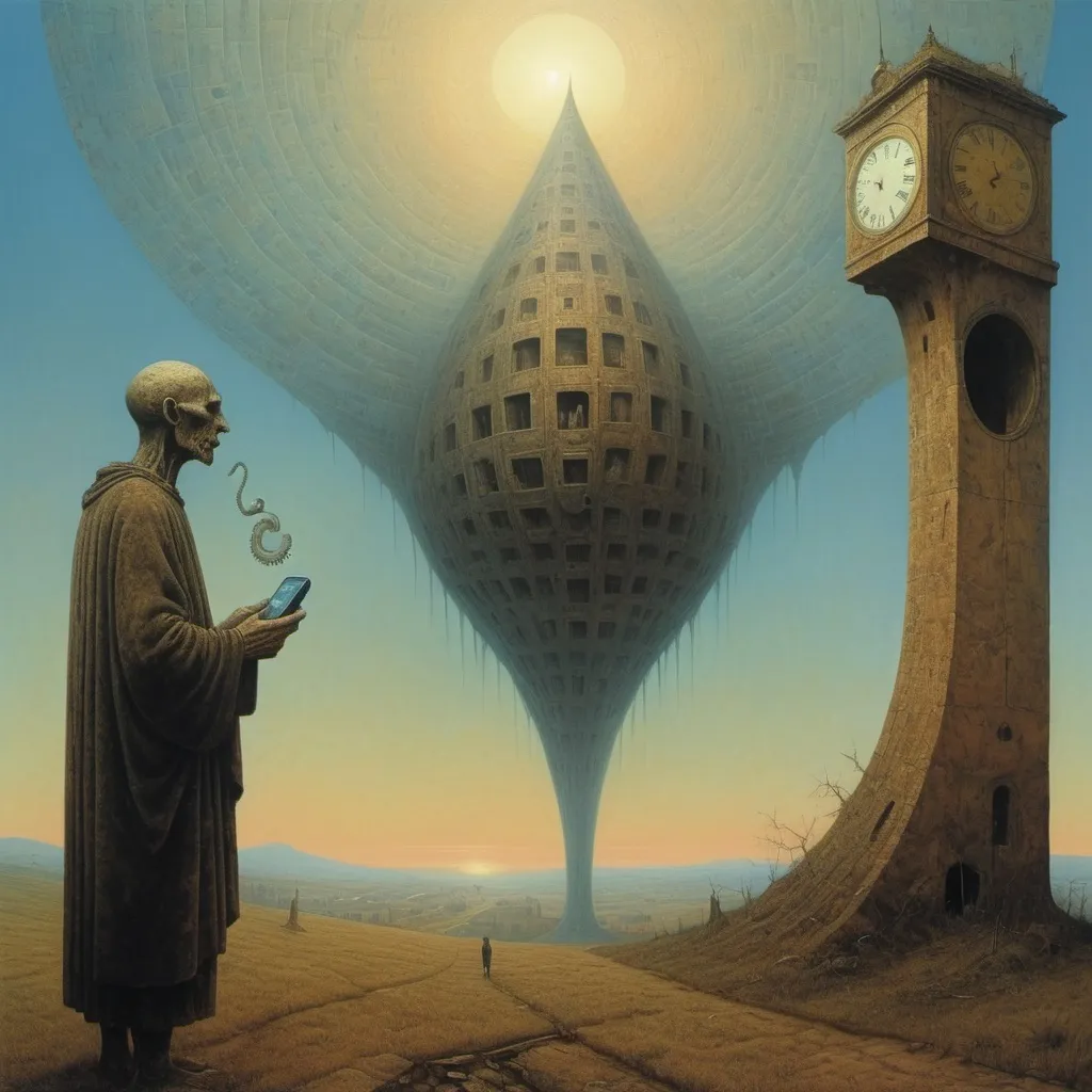 Prompt: Generate asymmetric umbria image. Zdzisław Beksiński - a vacuum creature feeding the human body. A huge telephone in the sky, a hideous figure. Figure made of geometric shapes.. Clock, phone. umbria.