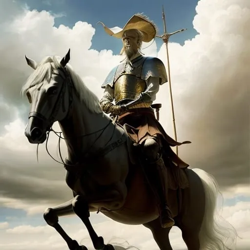 Prompt: Craft an image of Don Quixote astride his noble steed, tilting at windmills against a dramatic sky