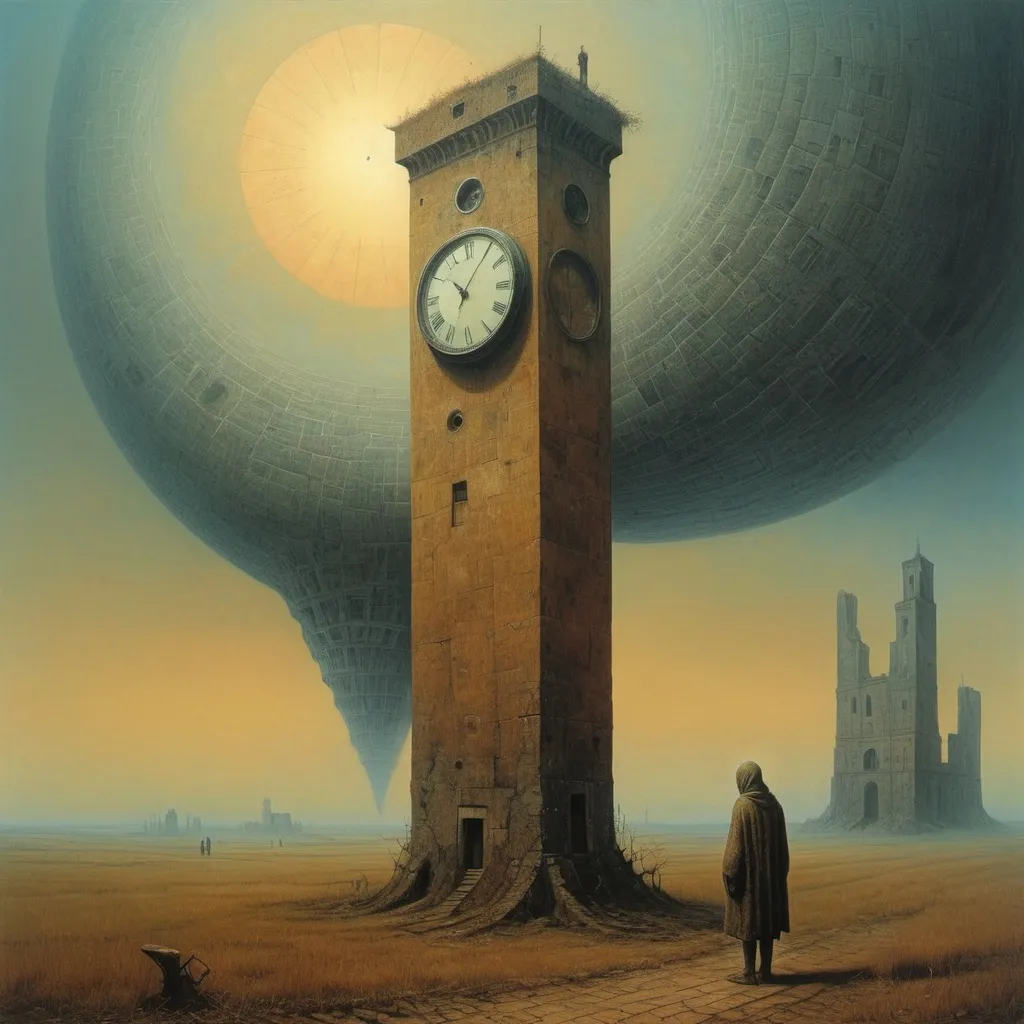 Prompt: Generate asymmetric umbria image. Zdzisław Beksiński - a vacuum creature feeding the human body. A huge telephone in the sky, a hideous figure. Figure made of geometric shapes.. Clock, phone. umbria. Parys