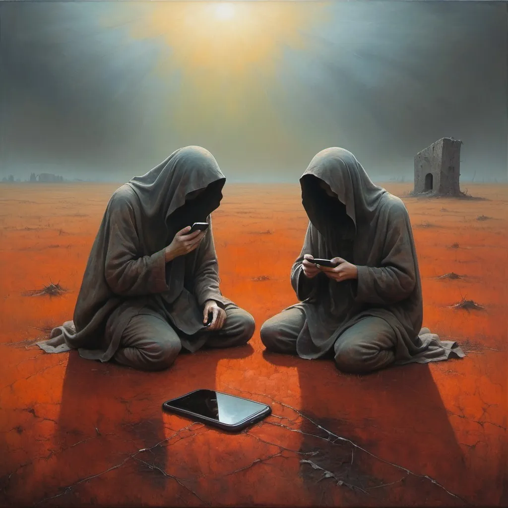 Prompt: generate Zdzisław Beksiński's style. Oil painting. The phone comes out of the ground. Use umbria and sanguine. The painting shows a painting of two mysterious blurred figures. Both figures are sitting on the ground, and one is stretching out his hands to the other. The background is painted in warm, earthy colors that contrast with the pale color of one of the characters. The positioning and interaction of the women gives a sense of emotion. The painting style is light and shadow. Mysterious and blurry figures, irregular shapes, solids. Both characters are thinking about a large broken phone, the phone is very big. The phone comes out of the ground.