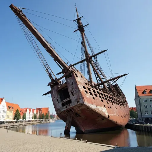 Prompt: Generate an image The wreck of a sailing ship under the historic crane in Gdańsk