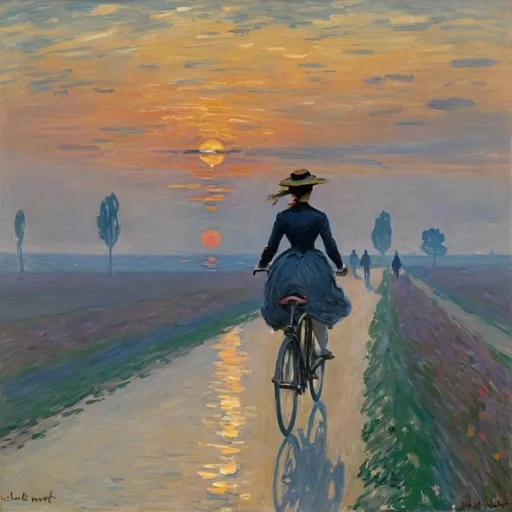 Prompt: Generate image Claude Monet Impressionism girl riding a bicycle towards the horizon after sunset