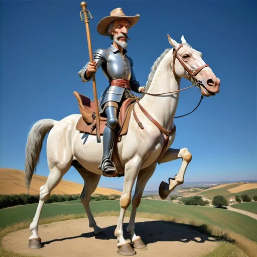 Prompt: Describe the relationship between Don Quixote and his horse, highlighting their bond and loyalty to each other Create a scenario where Don Quixote is riding his skinny horse through the countryside