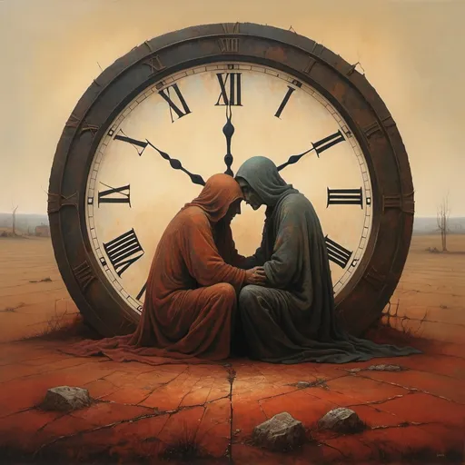 Prompt: generate Zdzisław Beksiński's style. Use umbria and sanguine. The painting shows a painting of two mysterious figures embracing. Both figures are sitting on the ground, and one of the men is hugging the other. The background is painted in warm, earthy colors that contrast with the pale color. The positioning and interaction of characters gives a sense of emotion. The painting style is detailed, with attention to the texture and structure of the person. Both characters meditate on a large clock, a damaged clock, the clock emerges from the ground.