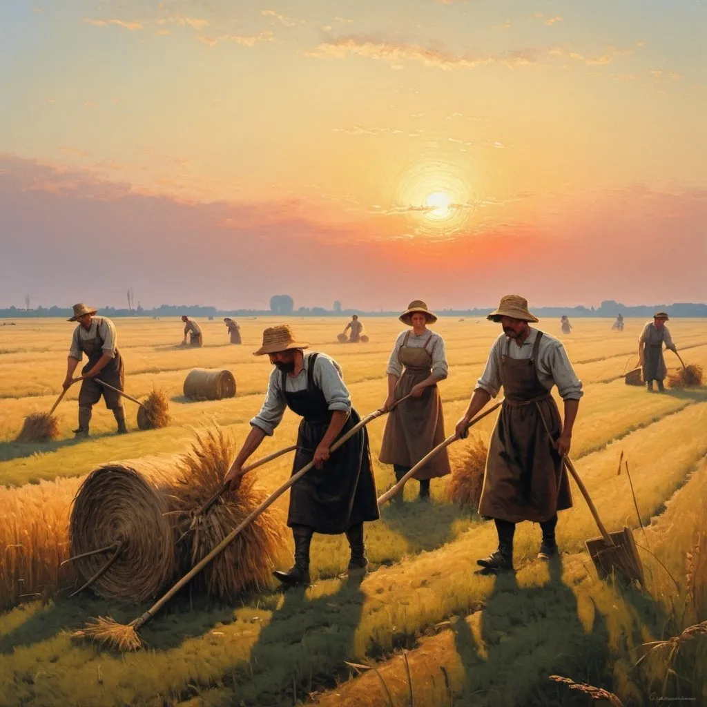 Prompt: Generate an image of the famous painting by Józef Chełmoński, people who mow rye, mow with scythes. The huge field and warm colors show the approaching sunset