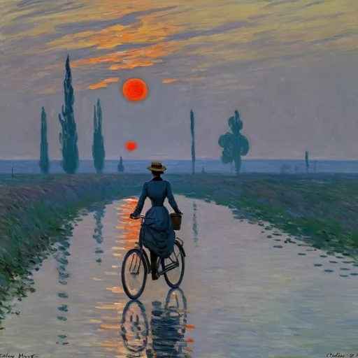 Prompt: Generate image Claude Monet Impressionism girl riding a bicycle towards the horizon after sunset