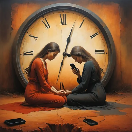 Prompt: generate Zdzisław Beksiński's style. Oil painting. The phone comes out of the ground. Use umbria and sanguine. The painting shows a painting of two mysterious blurry women. Both women are sitting on the ground, and one is stretching out her hands to the other. The background is painted in warm, earthy colors that contrast with the pale color of the women. The positioning and interaction of the women gives a sense of emotion. The painting style is light and shadow. Mysterious and blurry figures, irregular shapes, solids. Both women meditate on a large clock, a broken phone, the phone is very busy. The phone comes out of the ground.