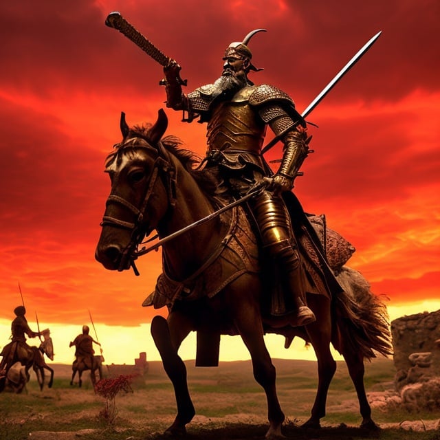 Prompt: Create an image of Don Quixote and the Vithracians locked in fierce combat beneath a blood-red sky.