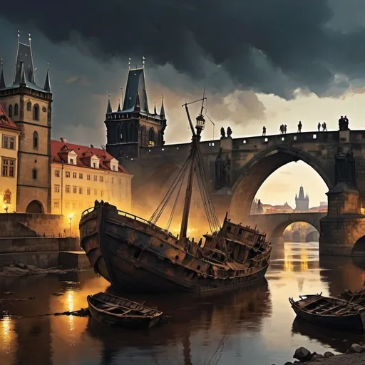 Prompt: Generate a painting in the style of Rembrandt. wrecked shipwreck under the Charles Bridge in Prague, in the background you can see the monuments of the city of Prague